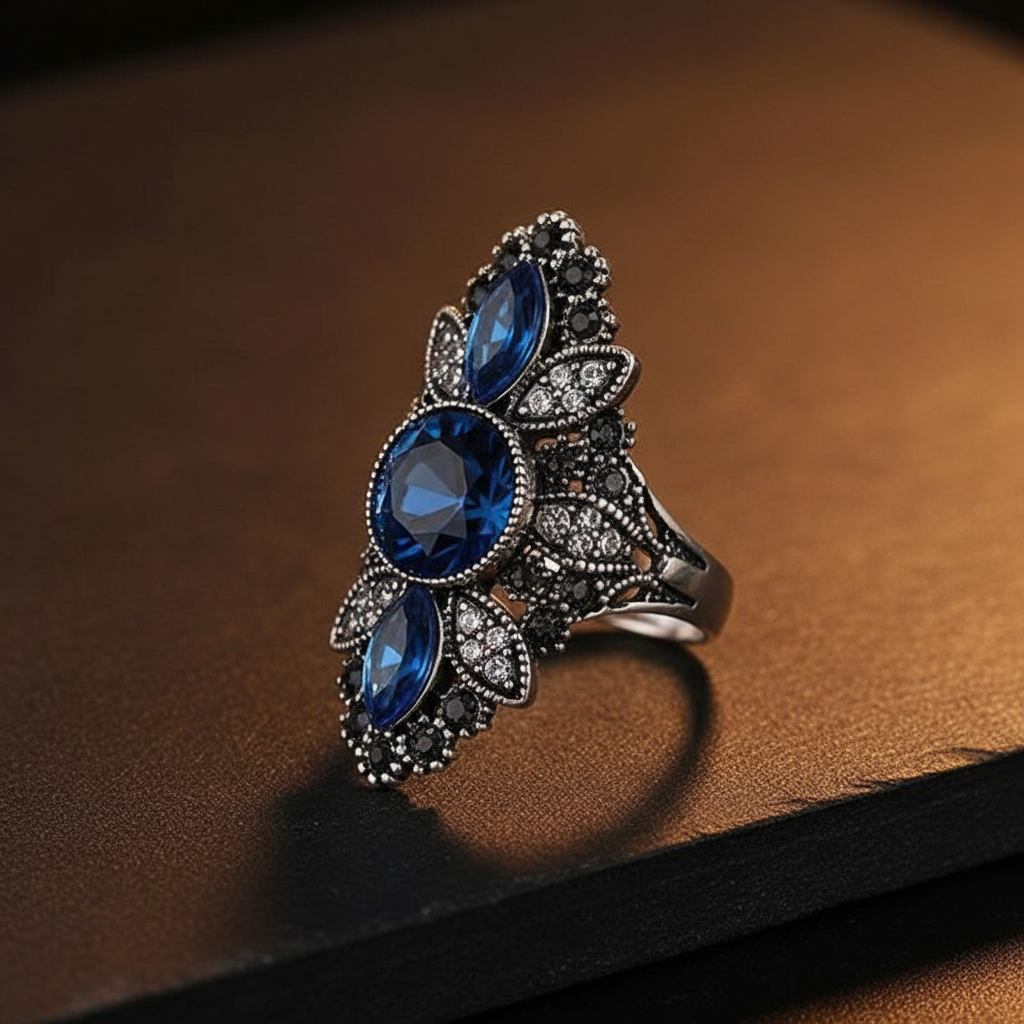 Vintage-Inspired 36mm Blue & Gray Mosaic Antique Silver Art Deco Ring