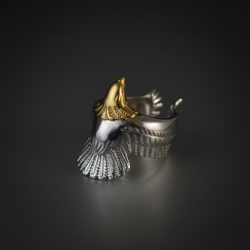 Men's Carved Flying Eagle Wings Open Sterling Silver Plated Two-Tone Ring
