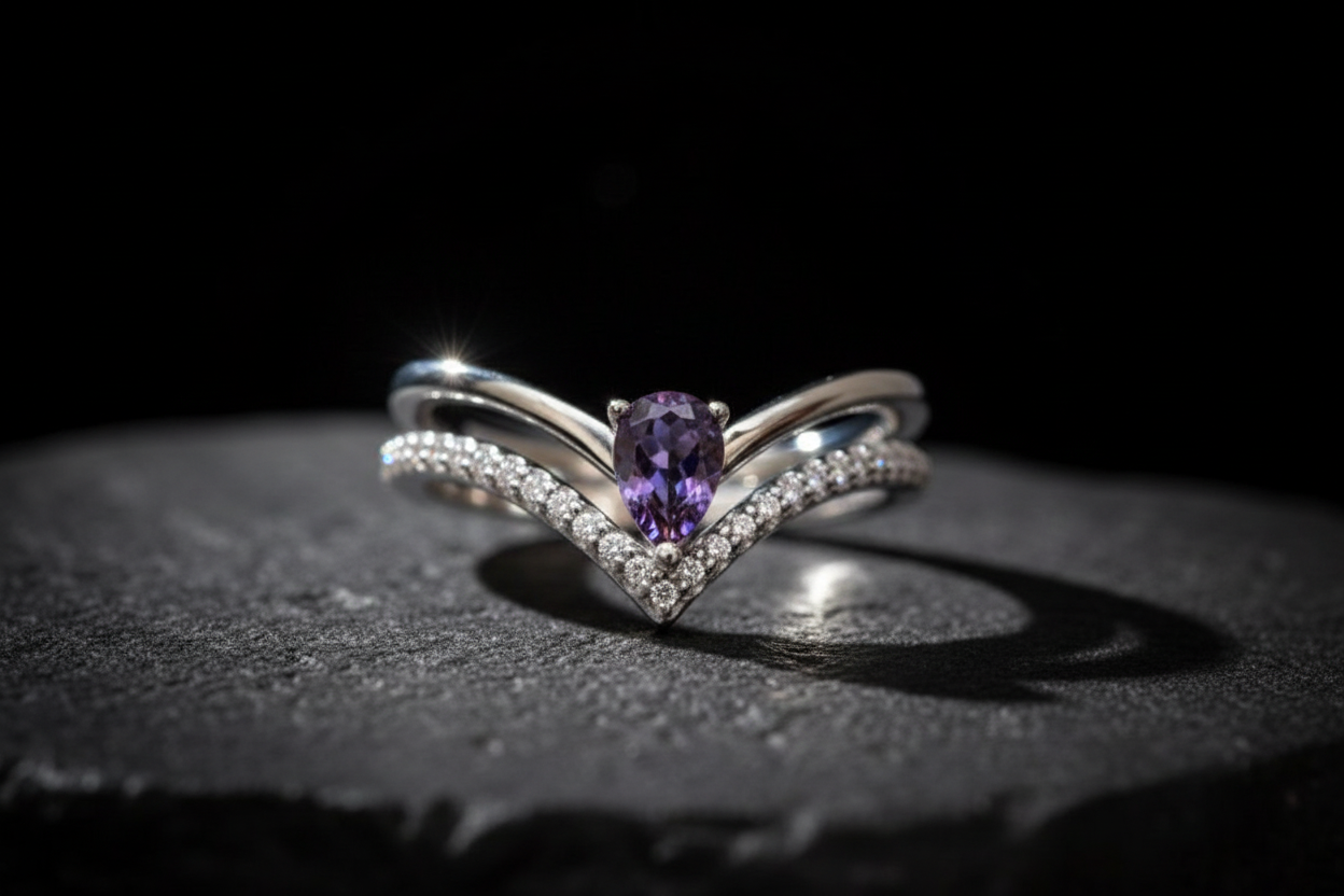 Sterling Silver Pear Shaped Purple Amethyst Ring