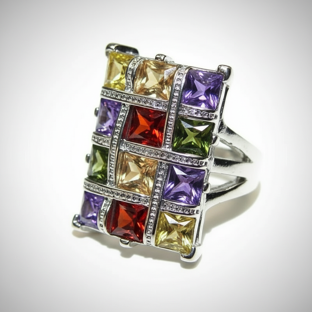 Colorful Multicolor Garnet Topaz Silver Geometric Ring