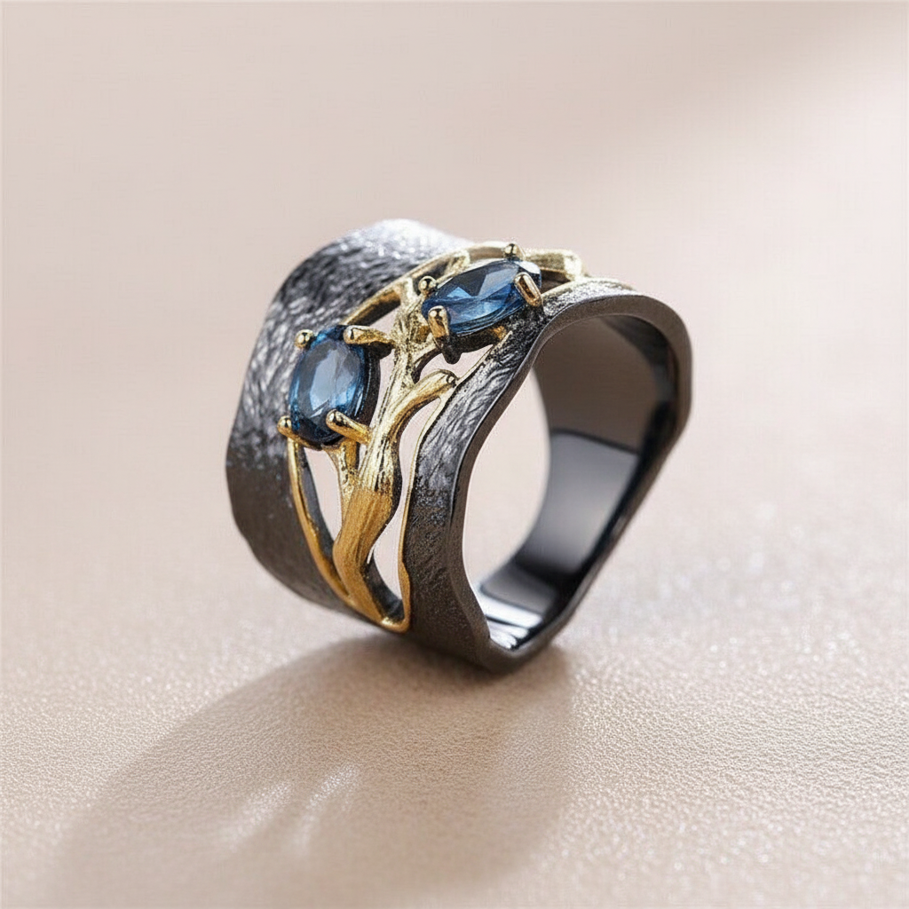Handmade Blue Sapphire Golden Branch Black Retro Ring