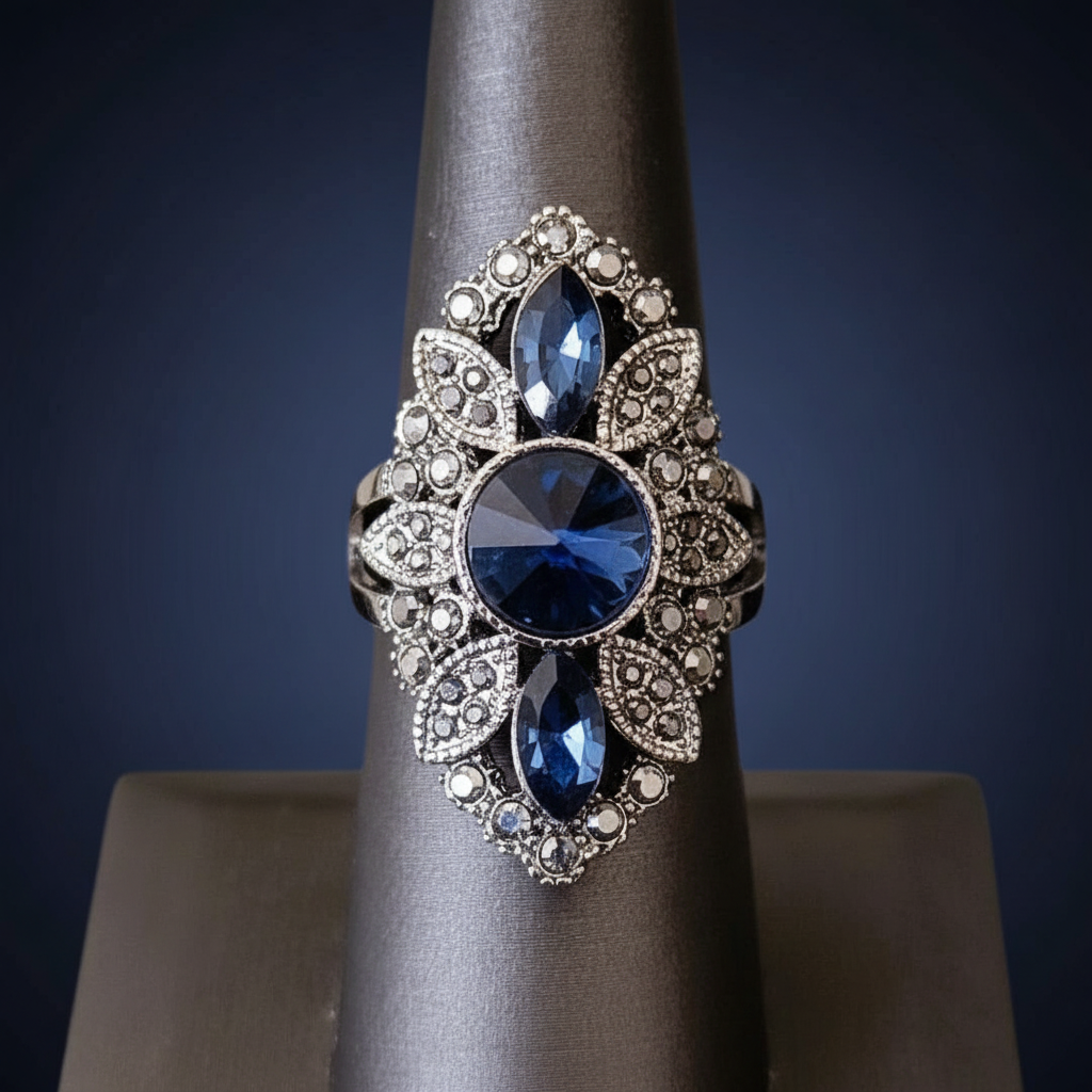 Vintage-Inspired 36mm Blue & Gray Mosaic Antique Silver Art Deco Ring