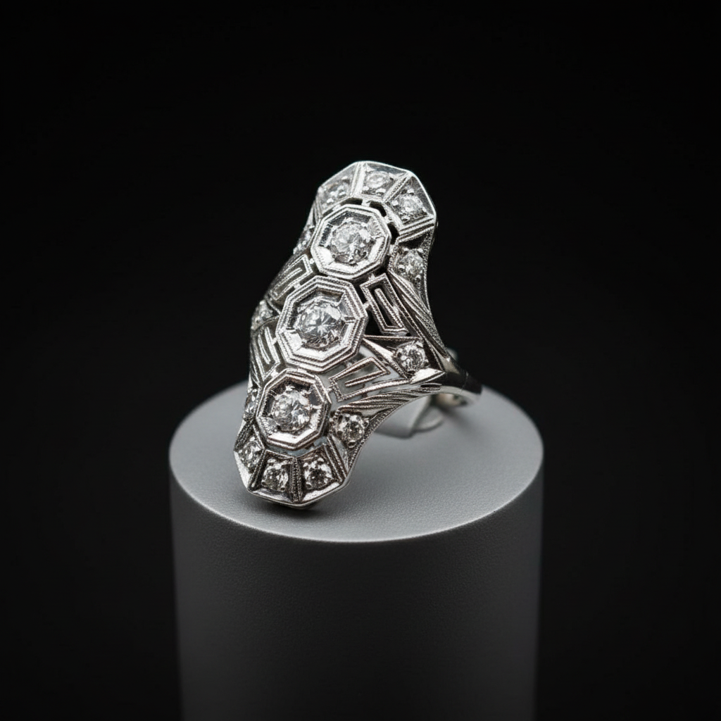 Vintage European Cut Art Deco Antique Silver Ring