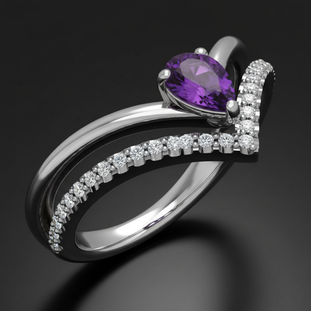 Sterling Silver Pear Shaped Purple Amethyst Ring