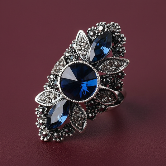 Vintage-Inspired 36mm Blue & Gray Mosaic Antique Silver Art Deco Ring