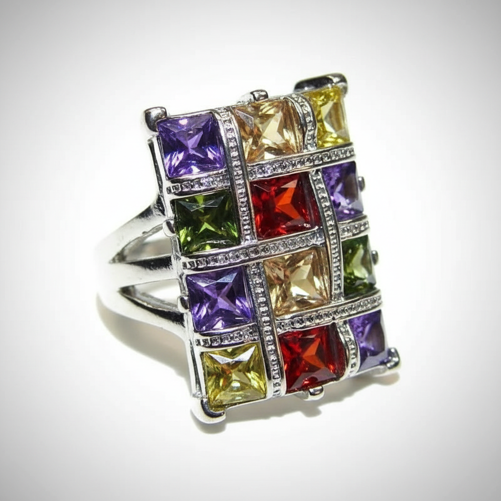 Colorful Multicolor Garnet Topaz Silver Geometric Ring