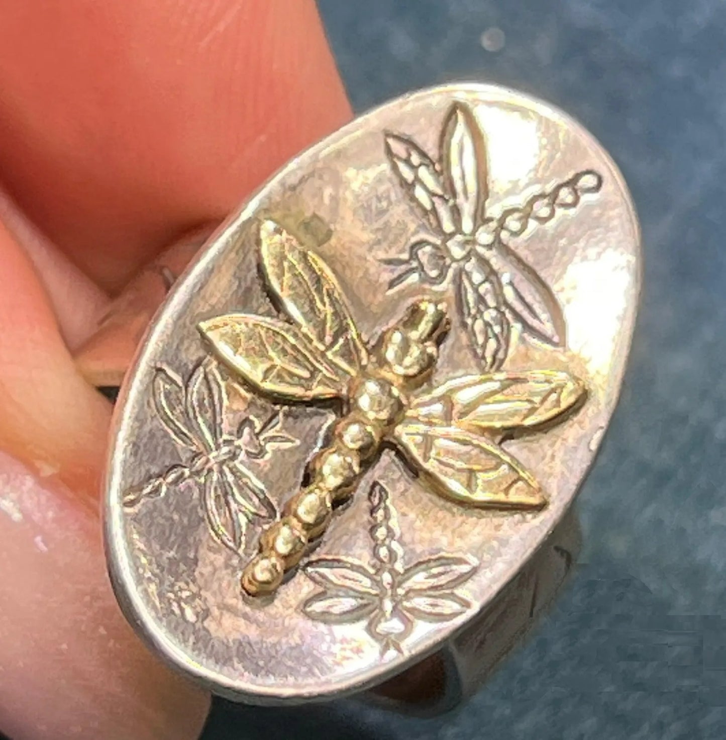 Sterling Silver Vintage Oval Golden Dragonfly Signet Ring