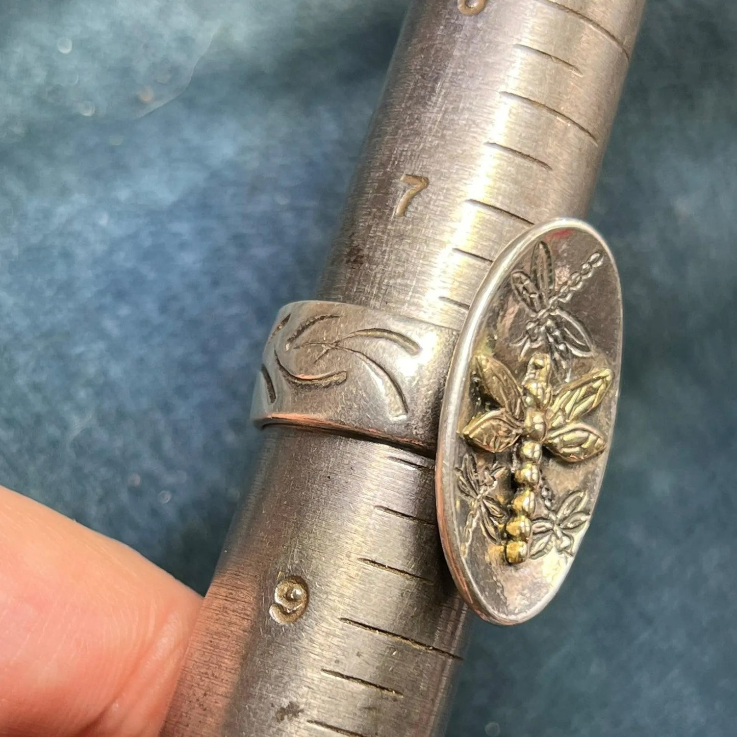 Sterling Silver Vintage Oval Golden Dragonfly Signet Ring