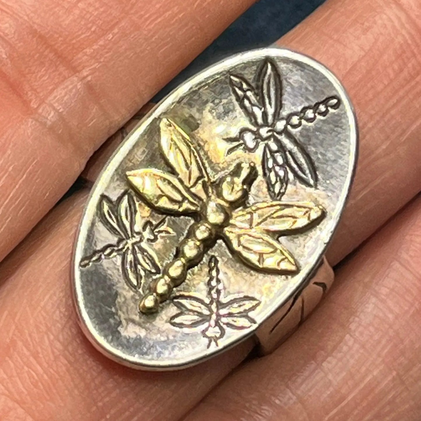 Sterling Silver Vintage Oval Golden Dragonfly Signet Ring