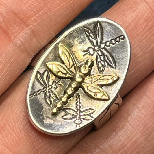 Sterling Silver Vintage Oval Golden Dragonfly Signet Ring