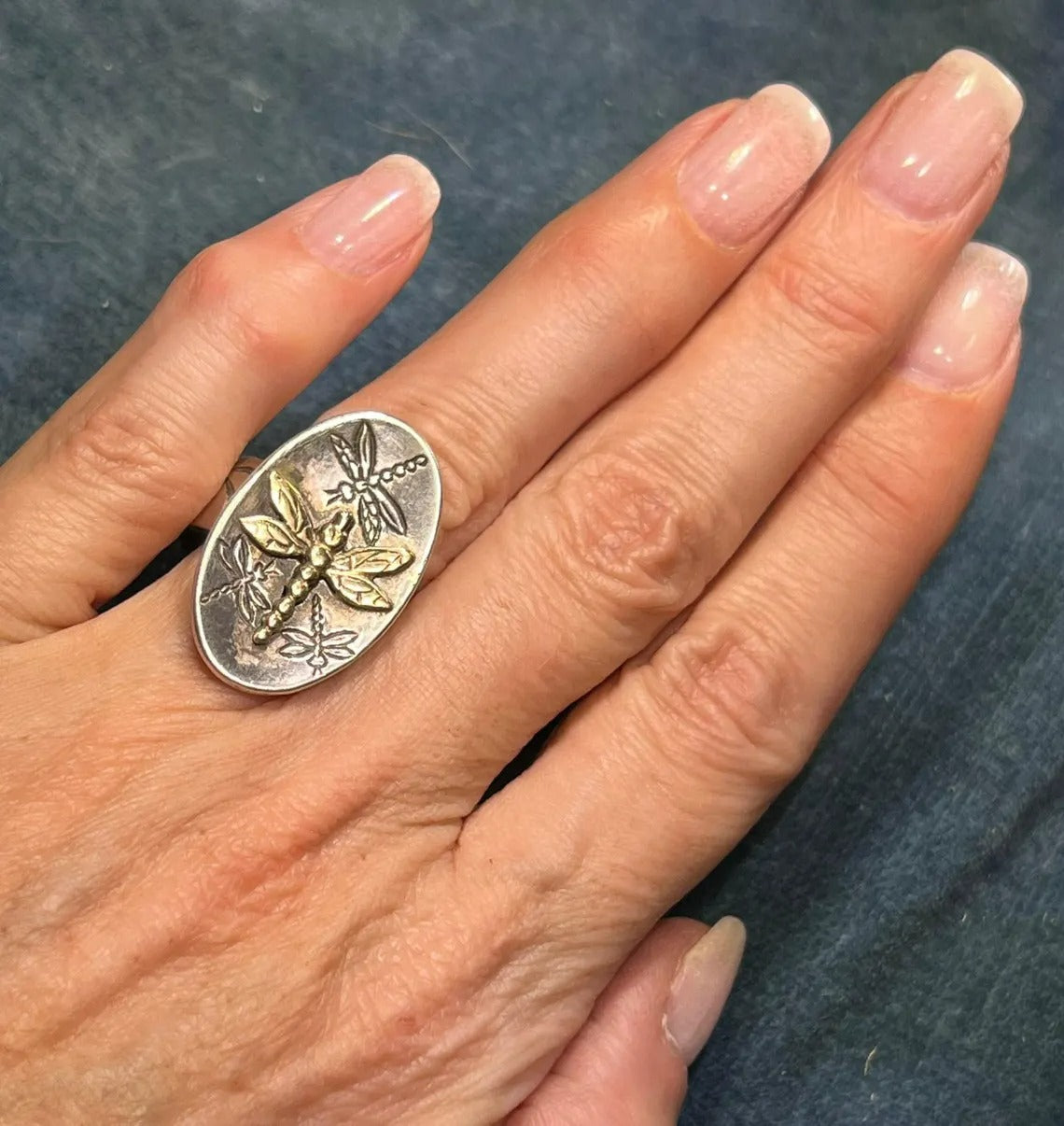 Sterling Silver Vintage Oval Golden Dragonfly Signet Ring