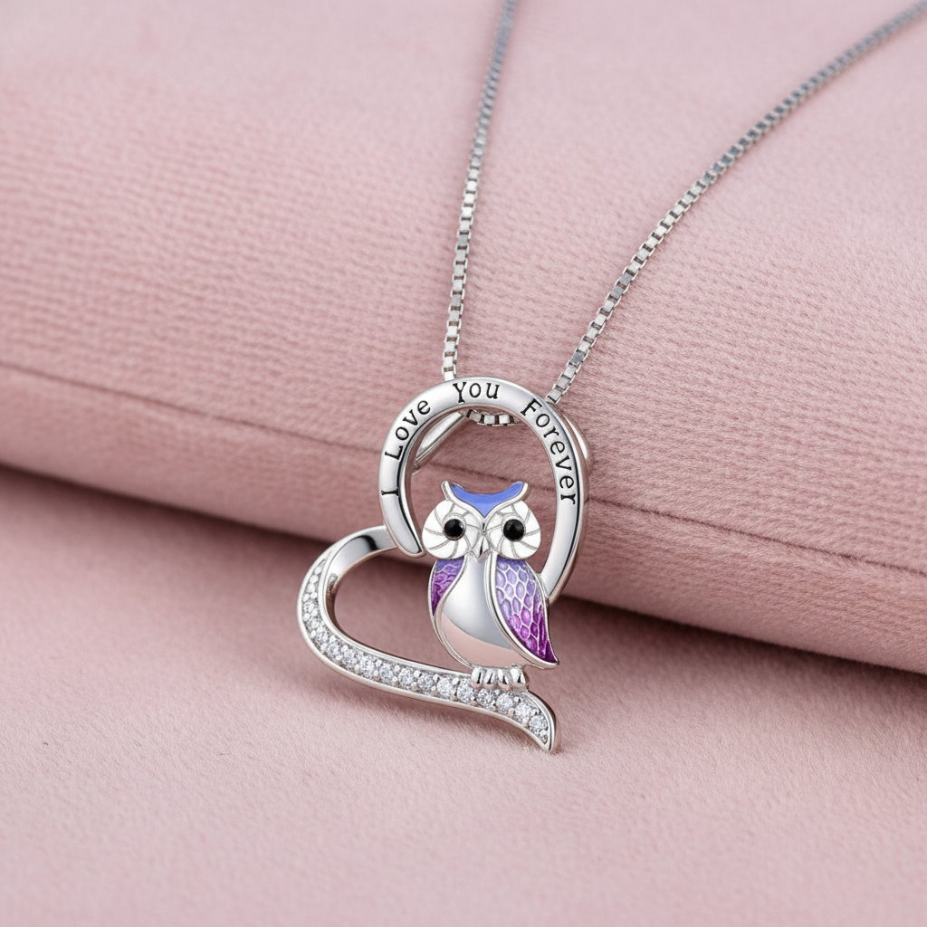 Pink Owl "I LOVE YOU FOREVER" Silver Heart Necklace