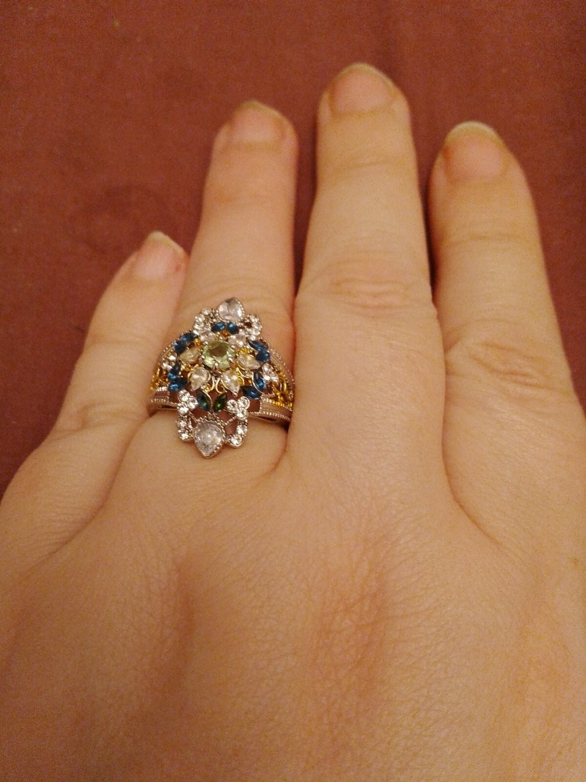 Hexagonal Blue & Green Rhinestones Two-Tone Art Deco Ring