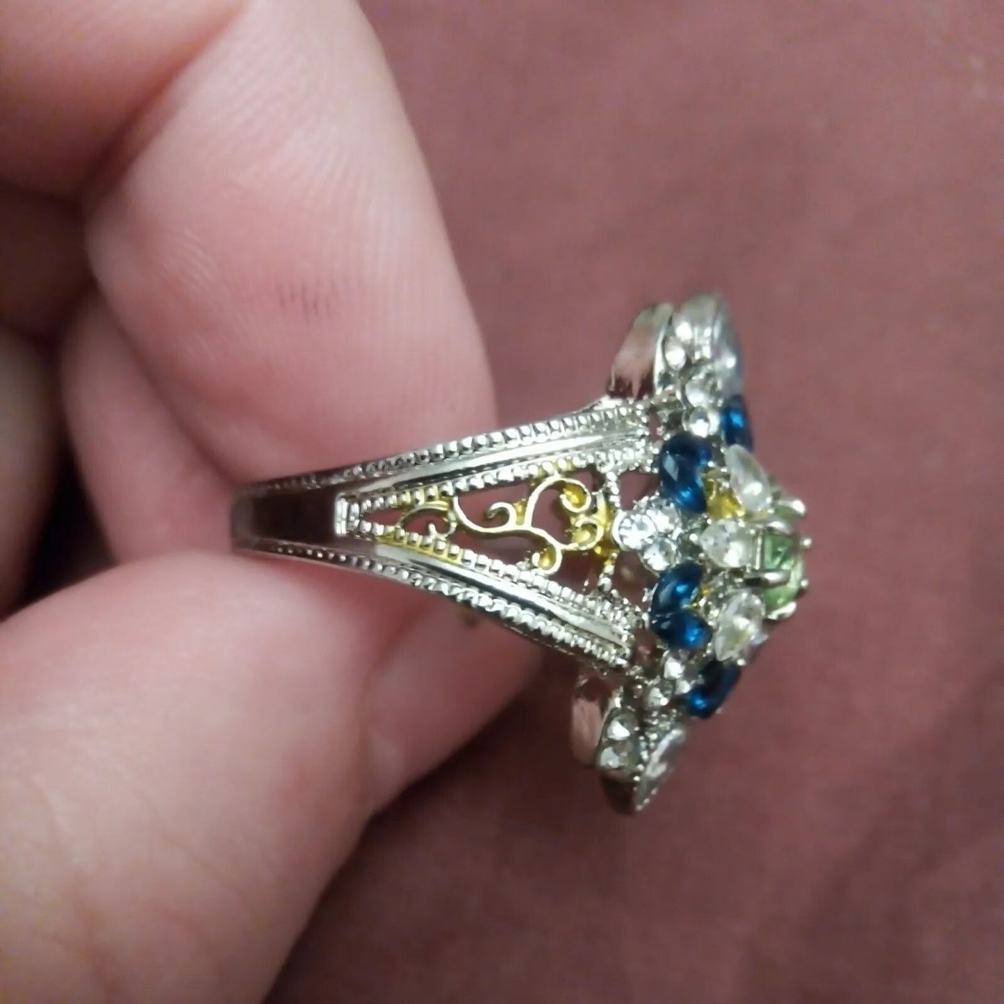 Hexagonal Blue & Green Rhinestones Two-Tone Art Deco Ring