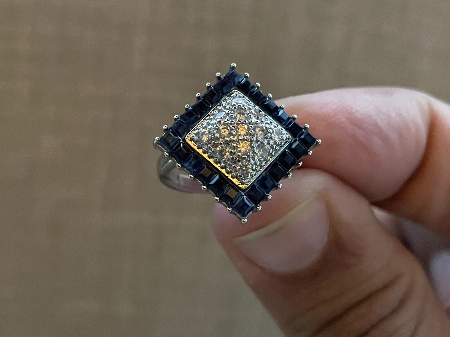Art Deco Blue Faux Sapphire Vintage Silver Cluster Ring