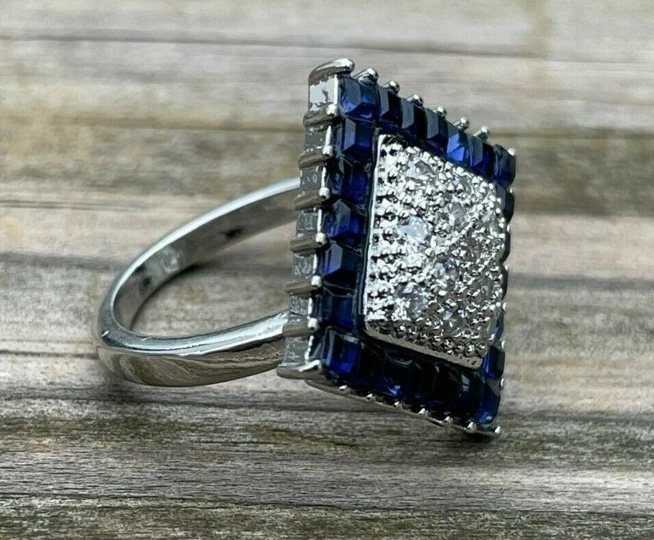 Art Deco Blue Faux Sapphire Vintage Silver Cluster Ring
