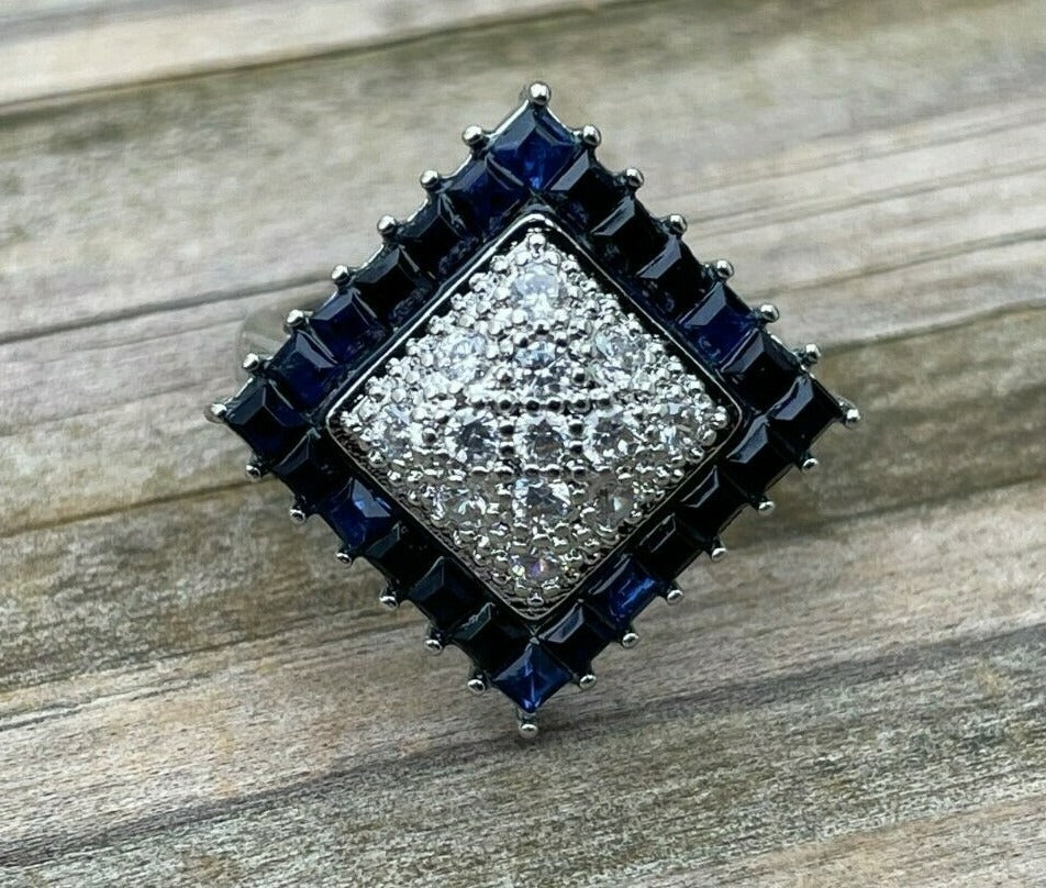 Art Deco Blue Faux Sapphire Vintage Silver Cluster Ring