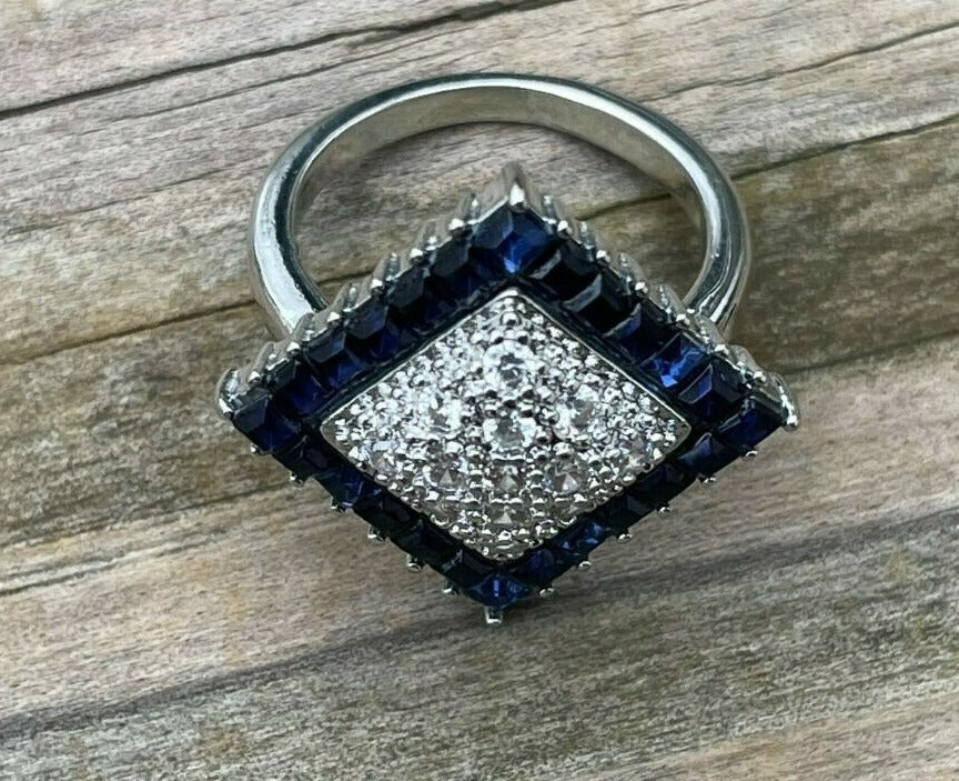 Art Deco Blue Faux Sapphire Vintage Silver Cluster Ring