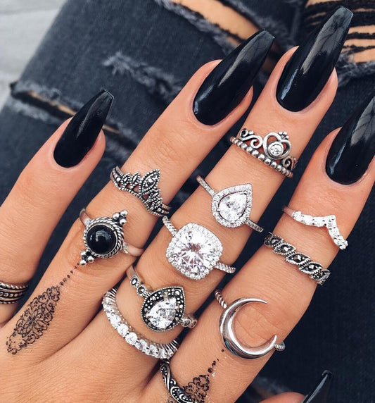 10pcs Vintage Rhinestone Knuckle Midi Stacking Boho Ring Set