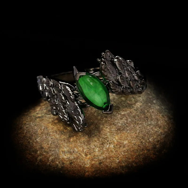 Black Gothic Angel Wing S925 Green Marquise Crystal Ring
