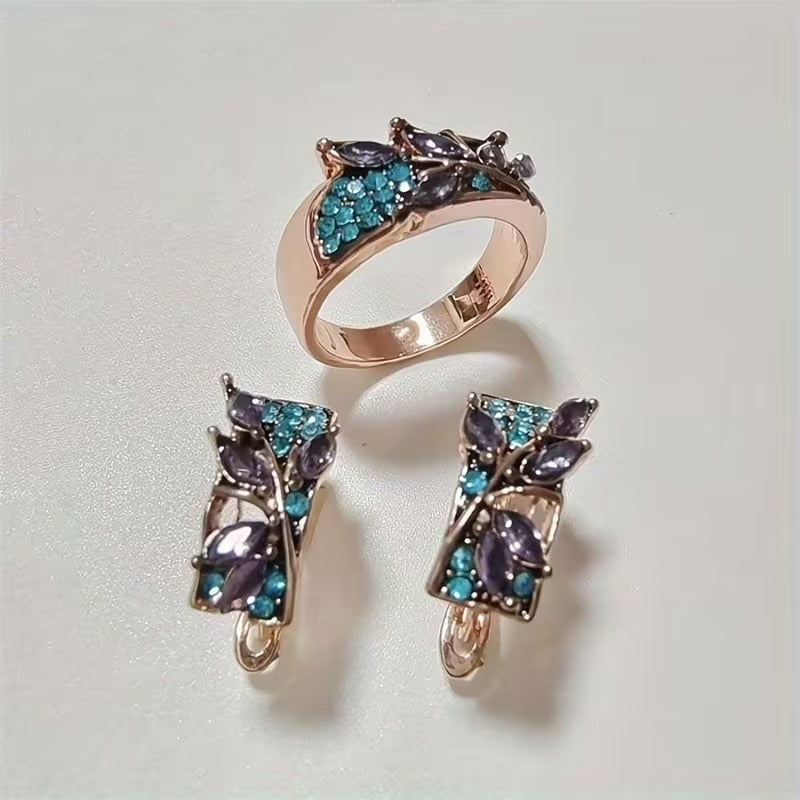 Purple & Blue Crystal Leaf Jewelry Set – Ring & Earrings