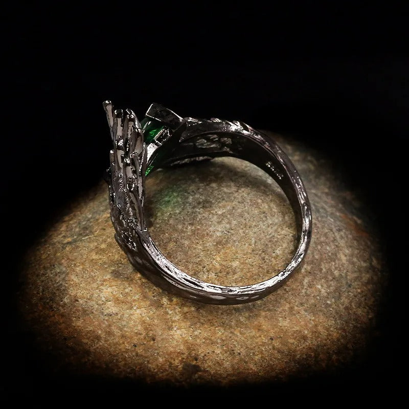 Black Gothic Angel Wing S925 Green Marquise Crystal Ring