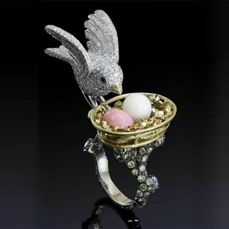Bird Nest Faux Pearl Egg Crystal Pave Statement Ring Unique Gift