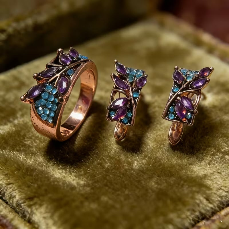 Purple & Blue Crystal Leaf Jewelry Set – Ring & Earrings
