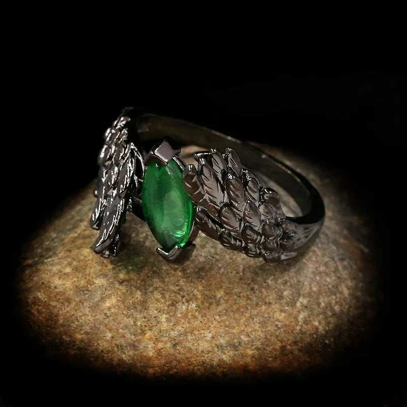 Black Gothic Angel Wing S925 Green Marquise Crystal Ring
