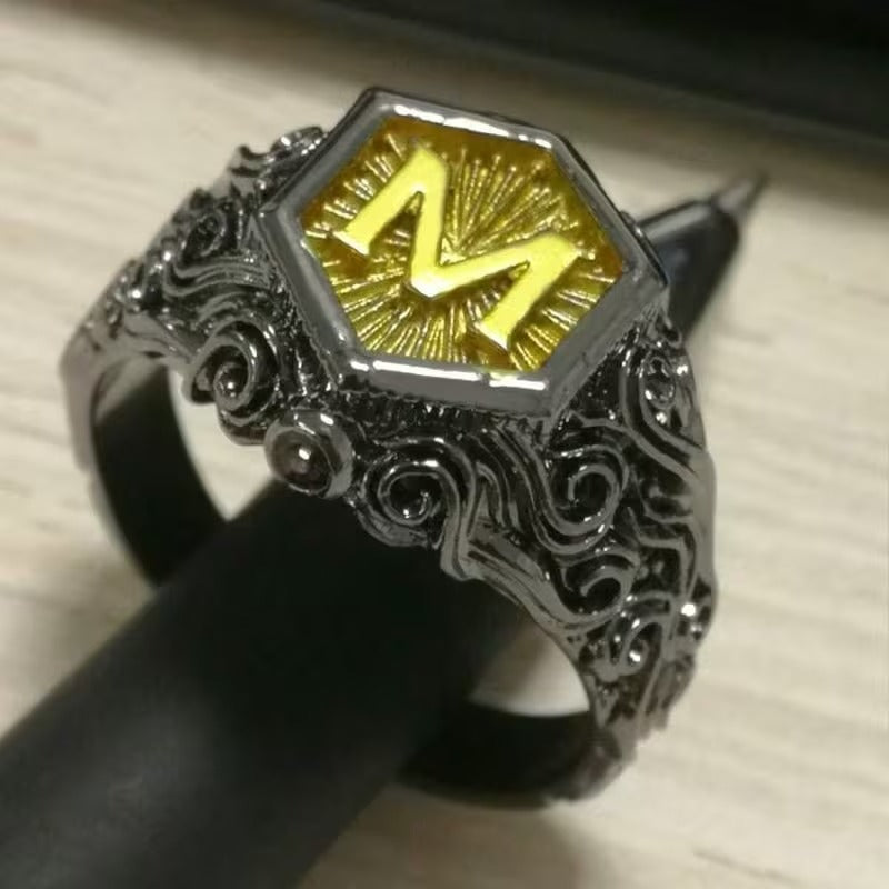 Men's Midnight Sovereign Letter “M” Carved Crest with Gold Emblem Ring