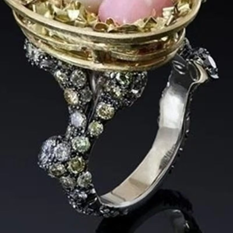 Bird Nest Faux Pearl Egg Crystal Pave Statement Ring Unique Gift