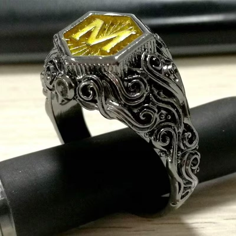 Men's Midnight Sovereign Letter “M” Carved Crest with Gold Emblem Ring