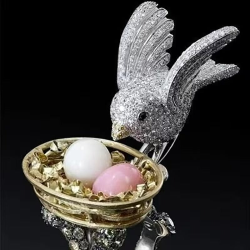 Bird Nest Faux Pearl Egg Crystal Pave Statement Ring Unique Gift