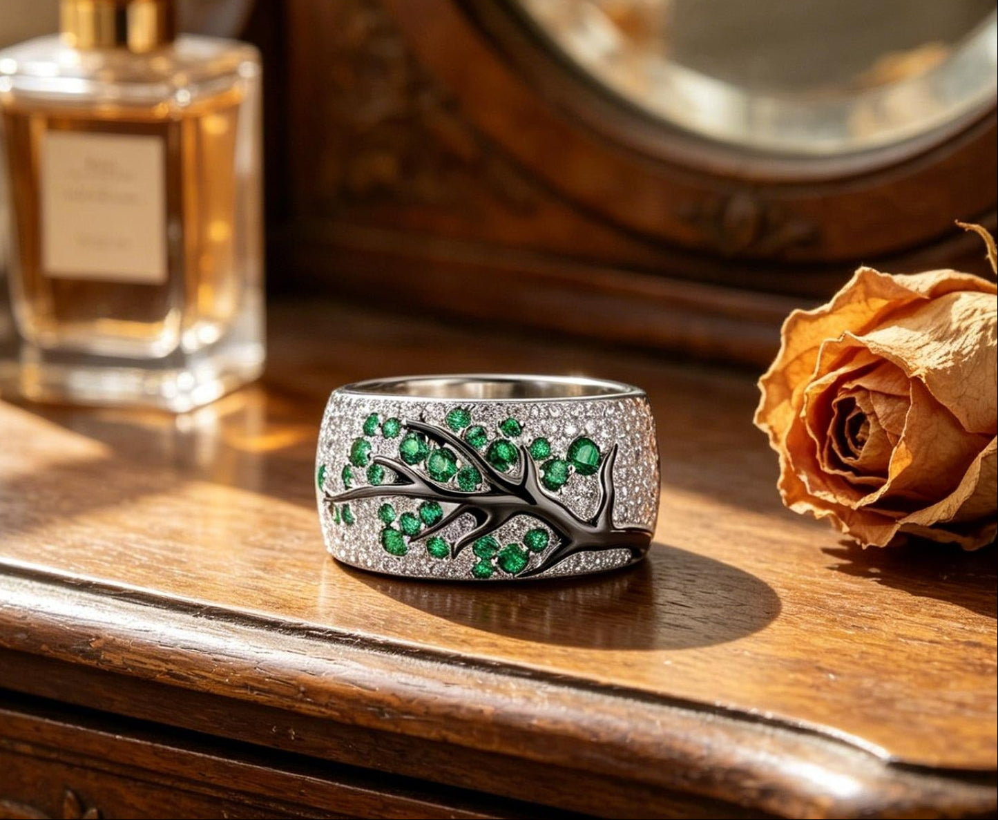 925 Sterling Silver Green Tree Branch Leaves Blossom Ring