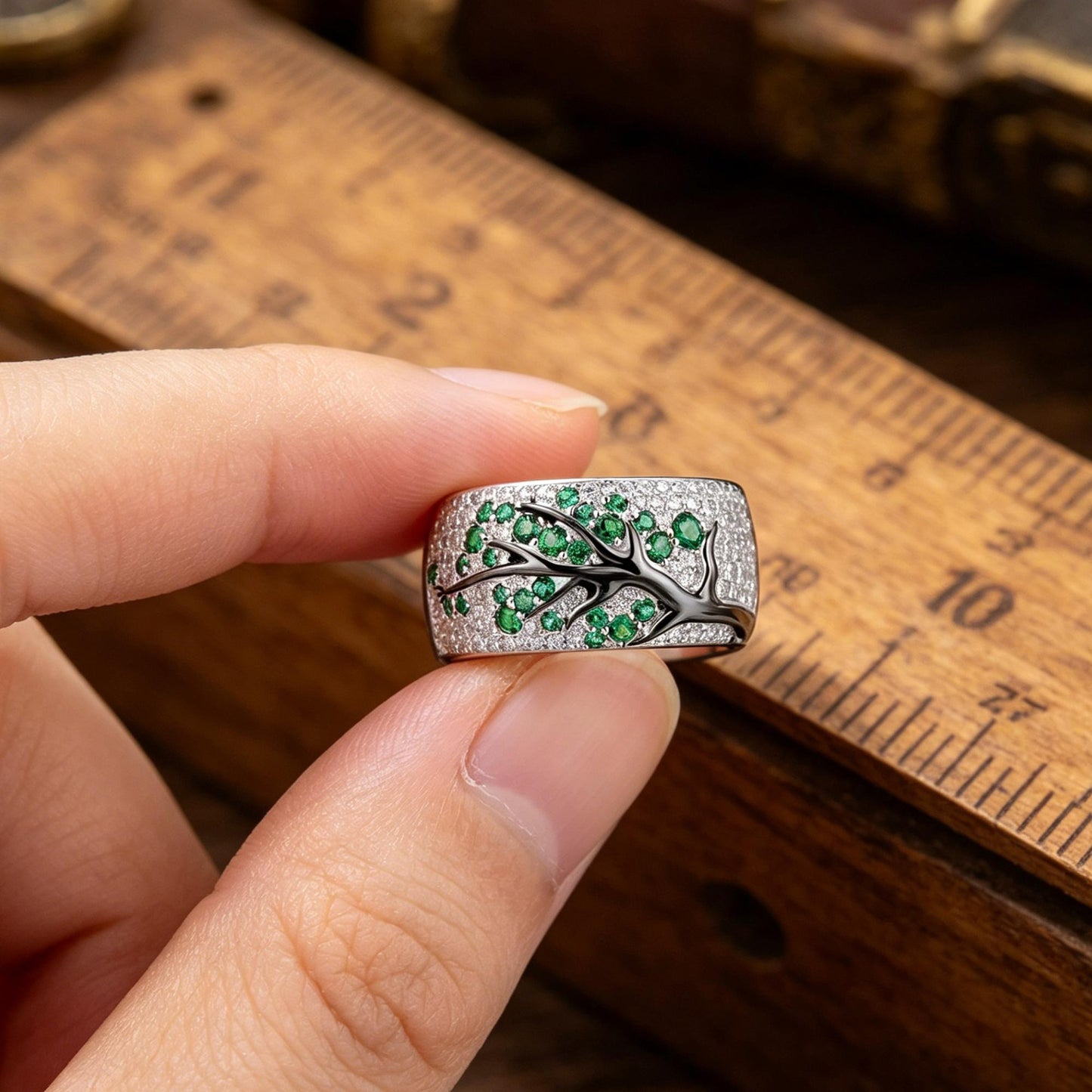 925 Sterling Silver Green Tree Branch Leaves Blossom Ring