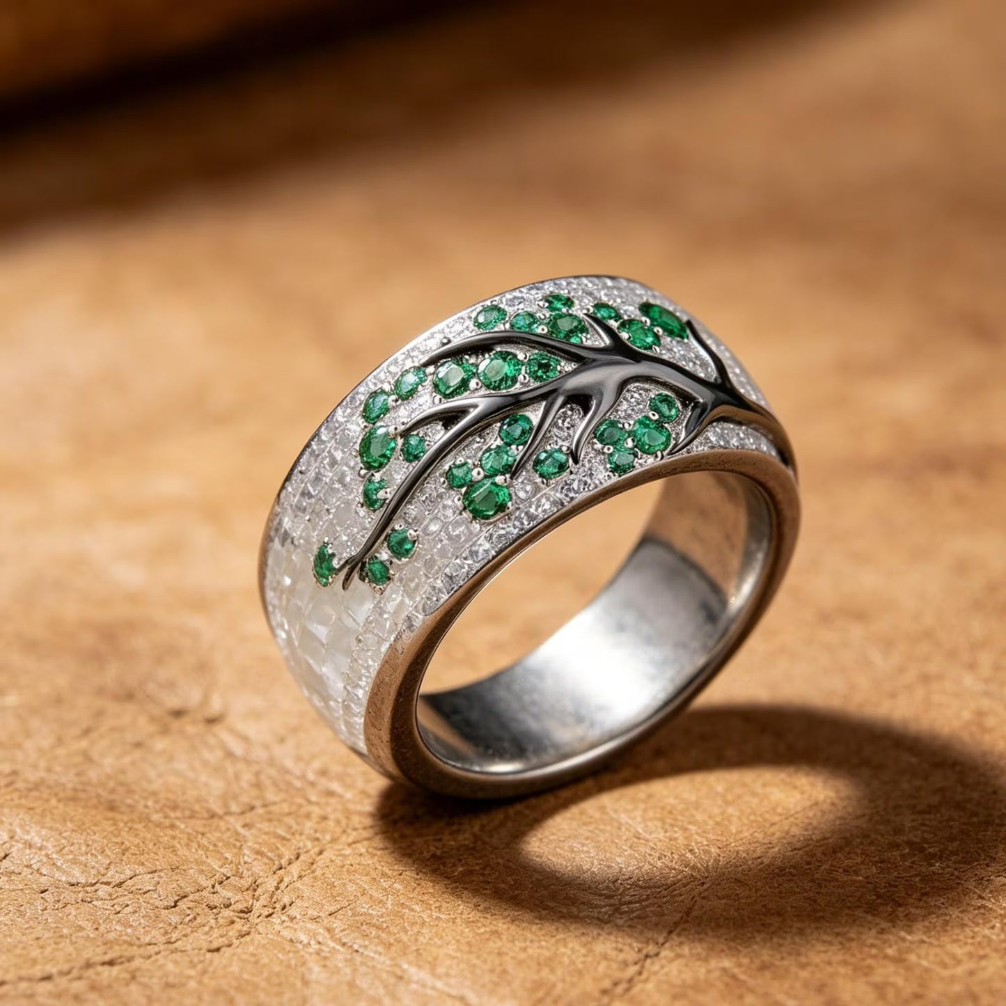 925 Sterling Silver Green Tree Branch Leaves Blossom Ring