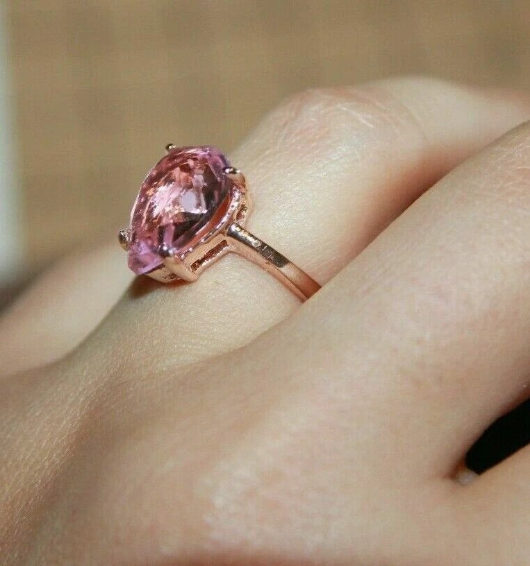 14mm Pink CZ Pear Cut Rose Gold Solitaire Teardrop Ring