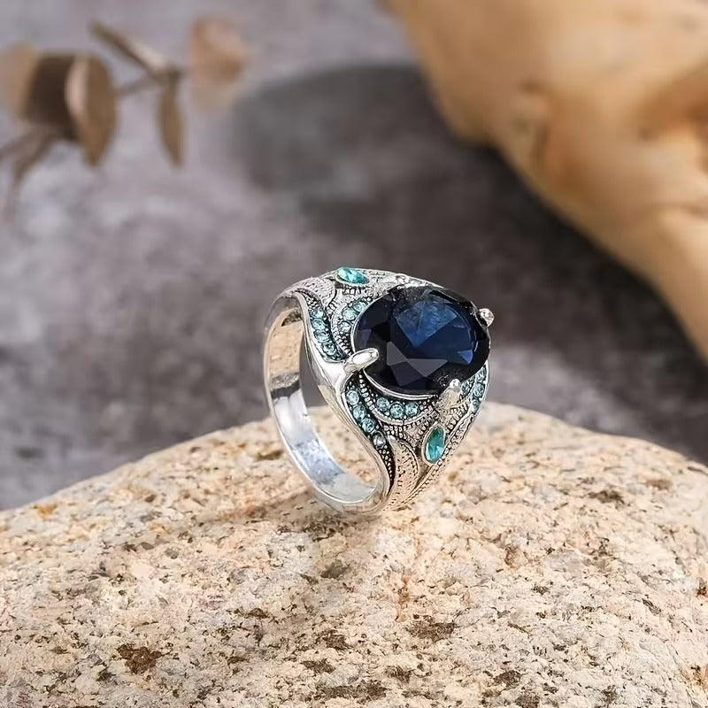 Men's Vintage Blue Crystal Oxidized Silver Boho Signet Ring