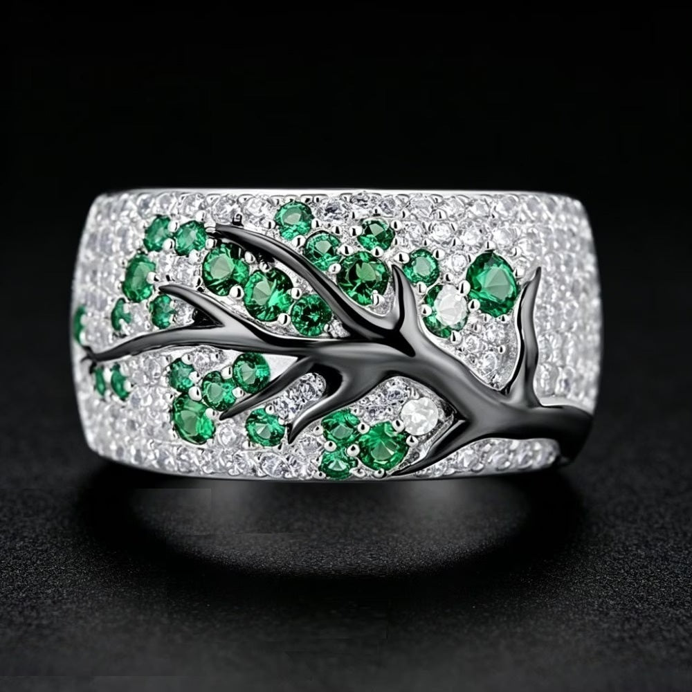 925 Sterling Silver Green Tree Branch Leaves Blossom Ring