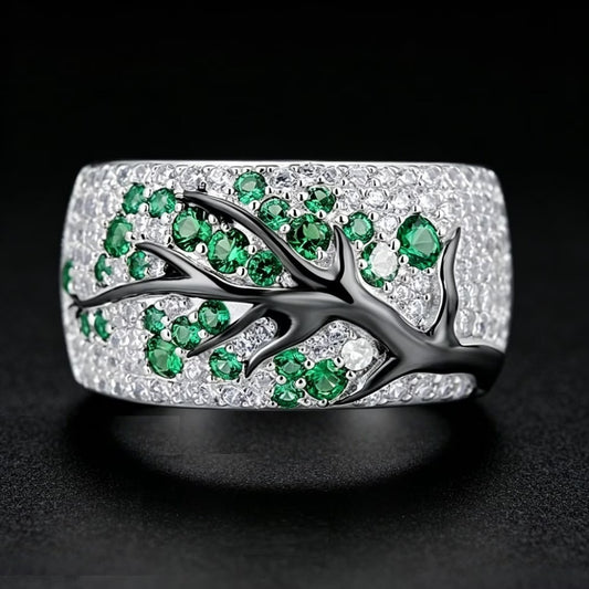 925 Sterling Silver Green Tree Branch Leaves Blossom Ring