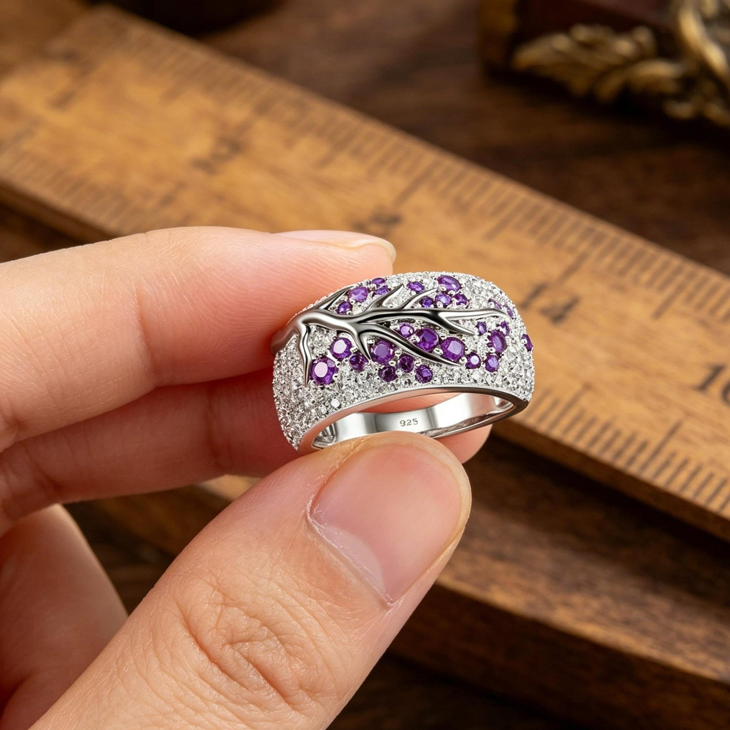 925 Sterling Silver Purple Tree Branch Leaves Blossom Ring