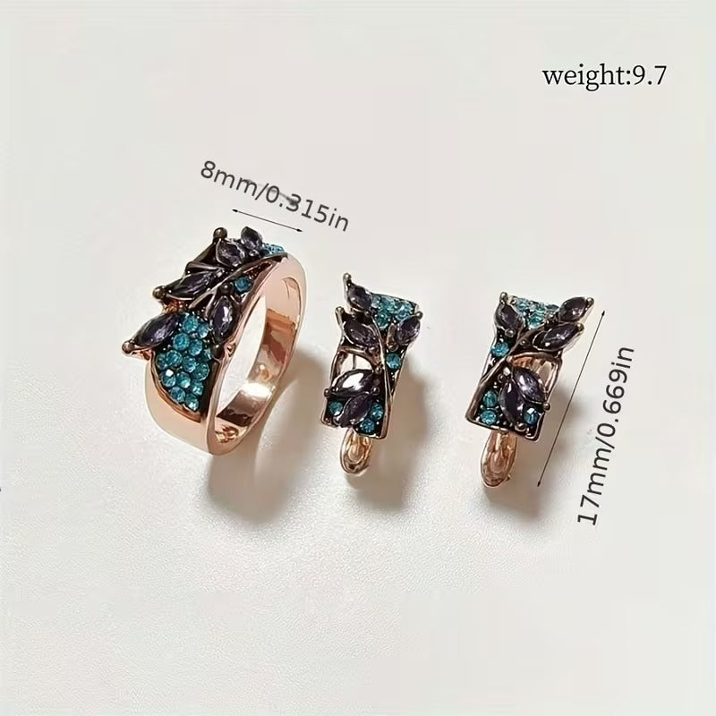 Purple & Blue Crystal Leaf Jewelry Set – Ring & Earrings