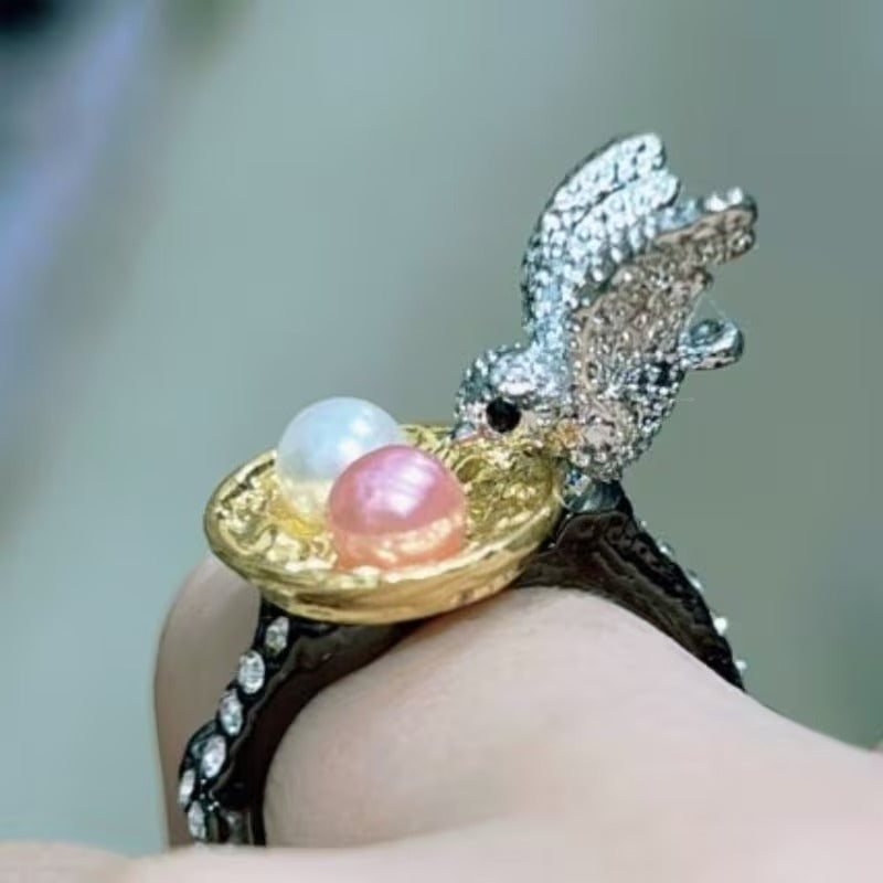 Bird Nest Faux Pearl Egg Crystal Pave Statement Ring Unique Gift