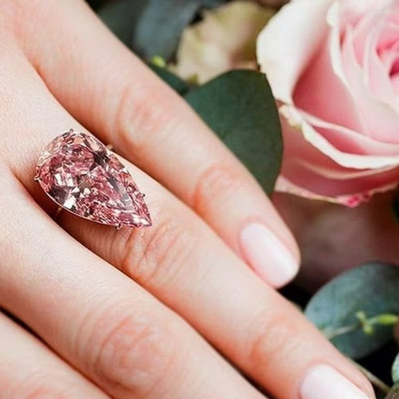 14mm Pink CZ Pear Cut Rose Gold Solitaire Teardrop Ring