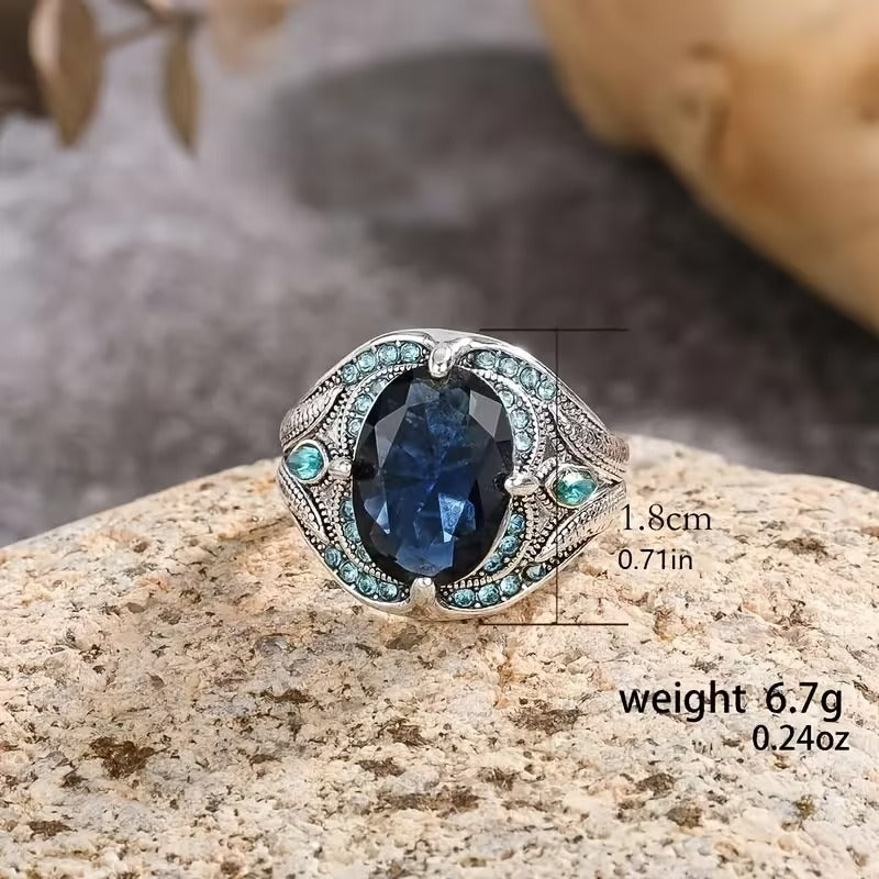 Men's Vintage Blue Crystal Oxidized Silver Boho Signet Ring