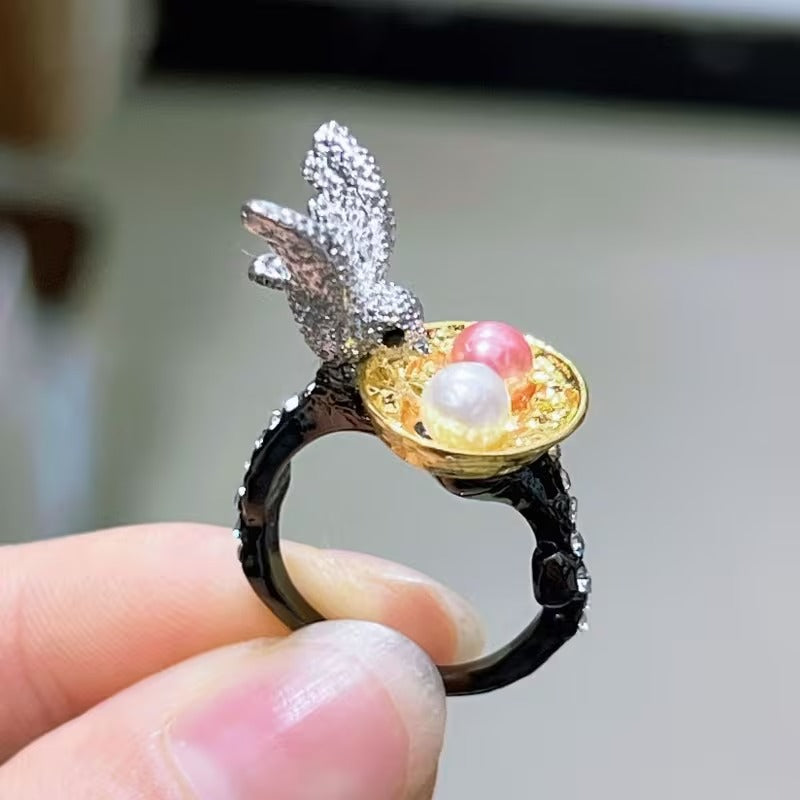 Bird Nest Faux Pearl Egg Crystal Pave Statement Ring Unique Gift