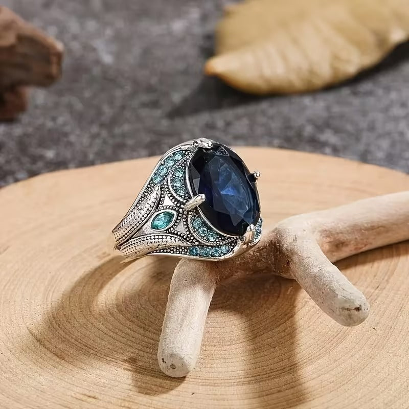 Men's Vintage Blue Crystal Oxidized Silver Boho Signet Ring