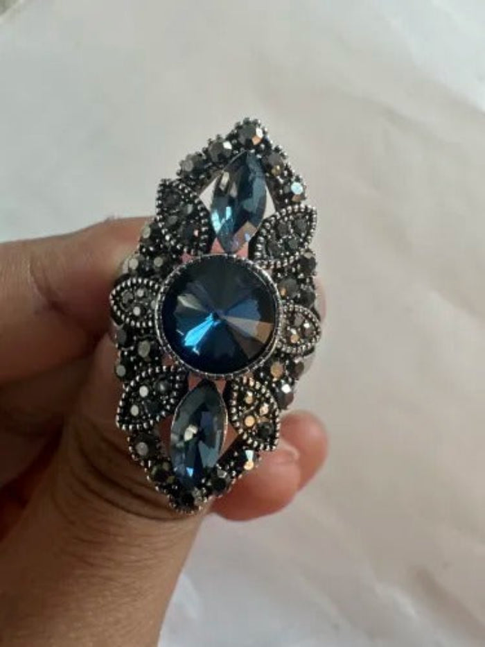 Vintage-Inspired 36mm Blue & Gray Mosaic Antique Silver Art Deco Ring