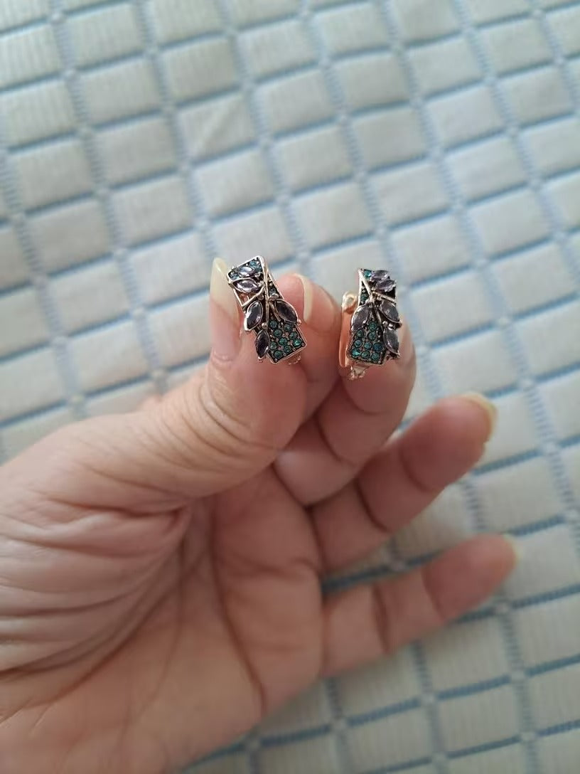 Purple & Blue Crystal Leaf Jewelry Set – Ring & Earrings