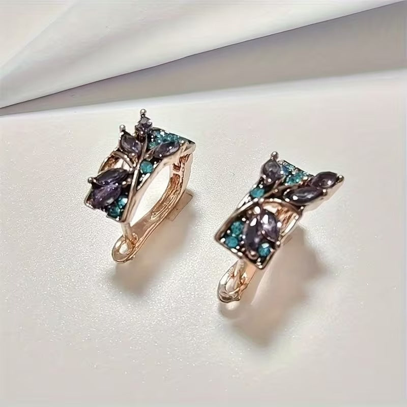 Purple & Blue Crystal Leaf Jewelry Set – Ring & Earrings